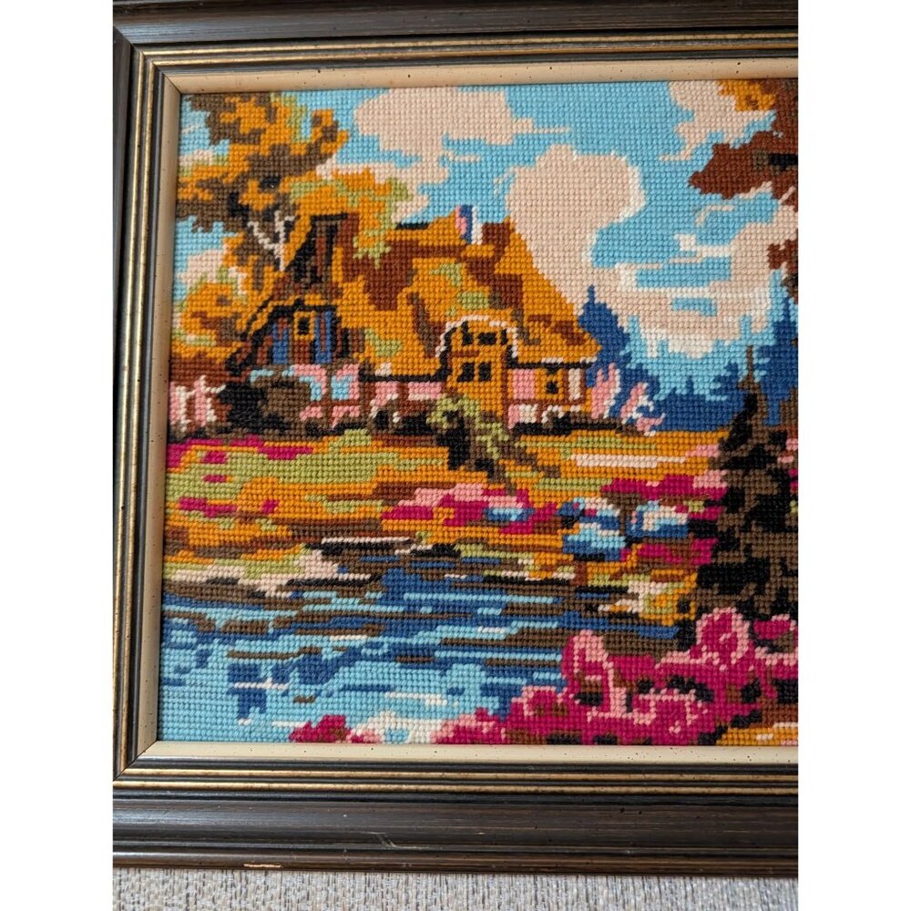 Vintage Needlepoint Tapestry Framed Scenic Landscape Art Piece 14.5x18.5 Inches - Picture 4 of 16